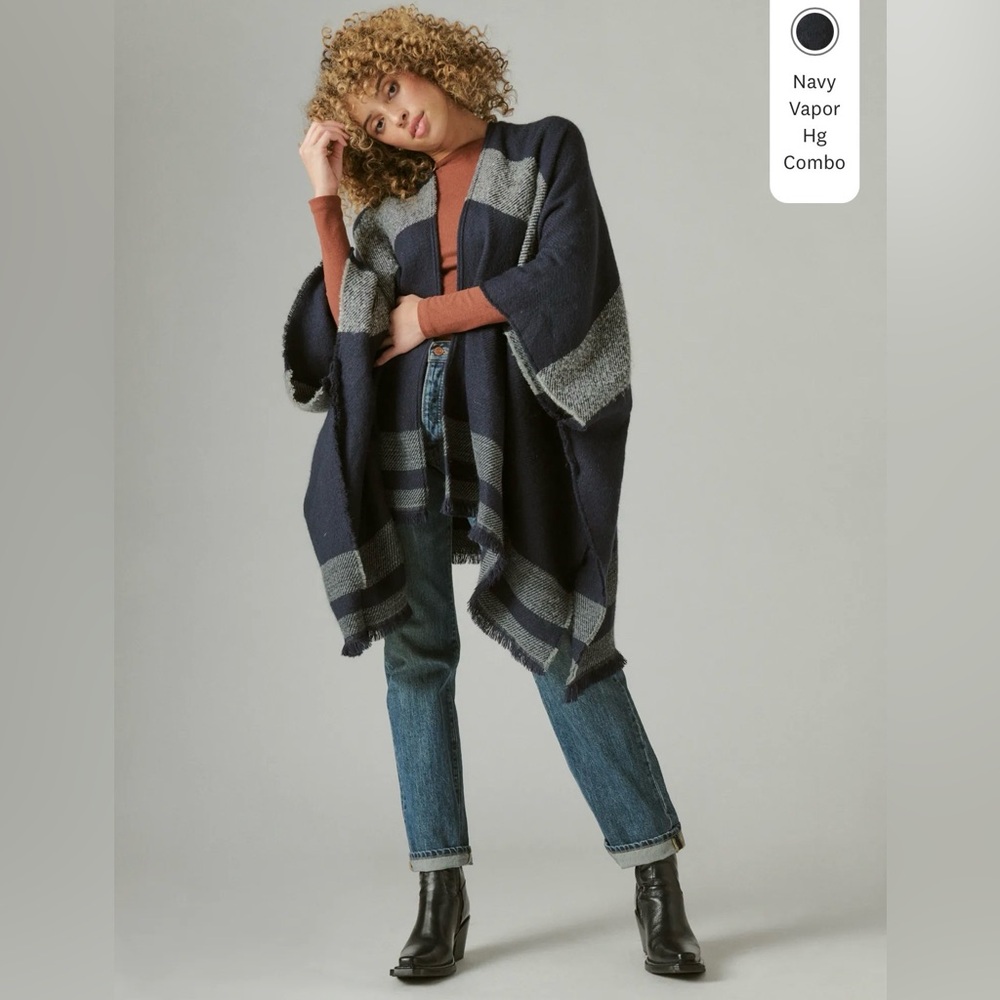 Lucky Brand Kimono Navy Blue Gray Stripe One Size Poncho Sweater Jacket Fringe‎